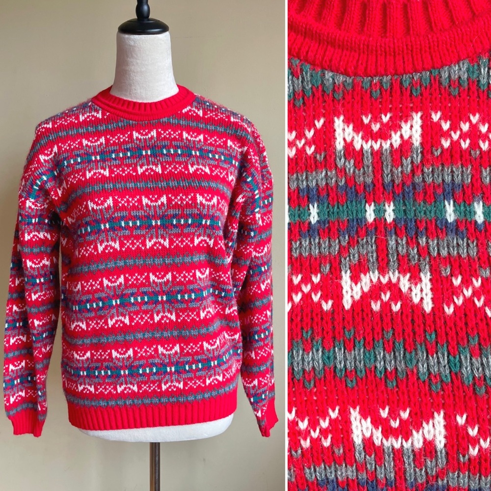 Vintage 90s Red Fair Isle Crewneck Sweater Men’s Unisex XL